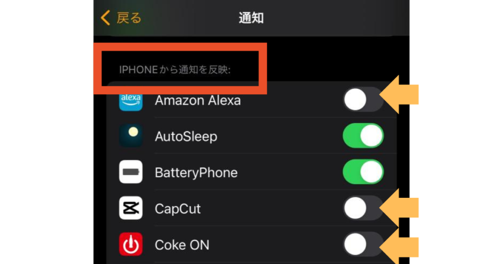 iPhoneのwatchアプリの通知設定画面